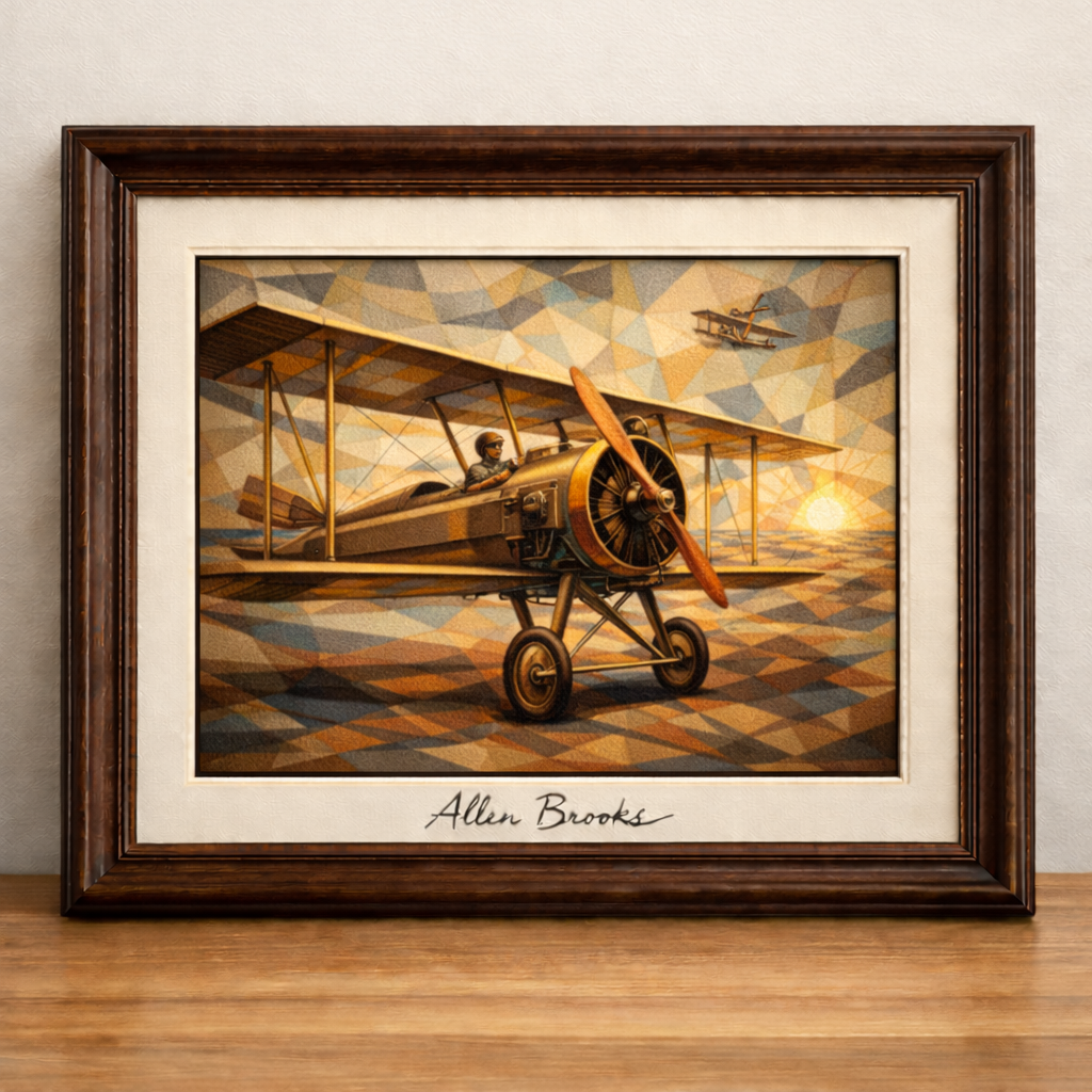 Biplane in Cubist style with sunset