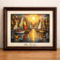 Cubist harbor scene with sailboats