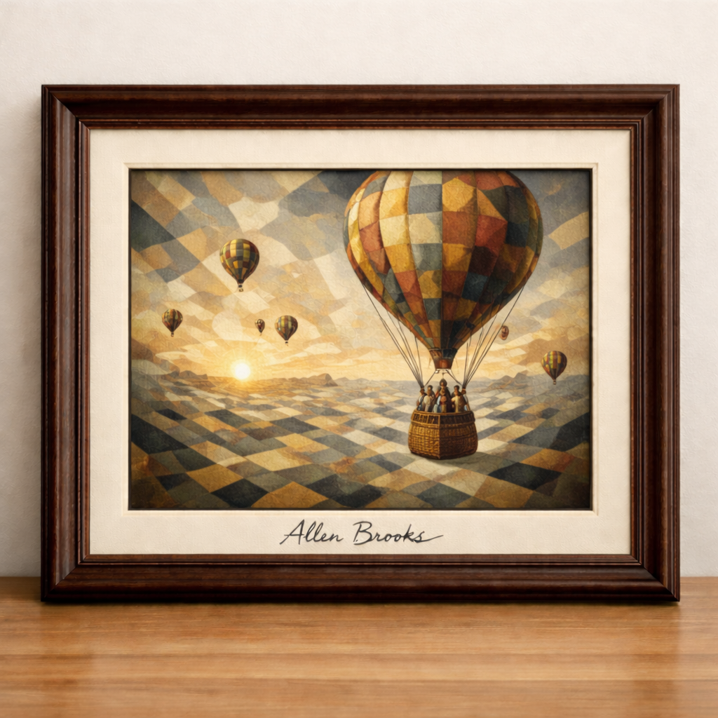Cubist hot air balloon in flight
