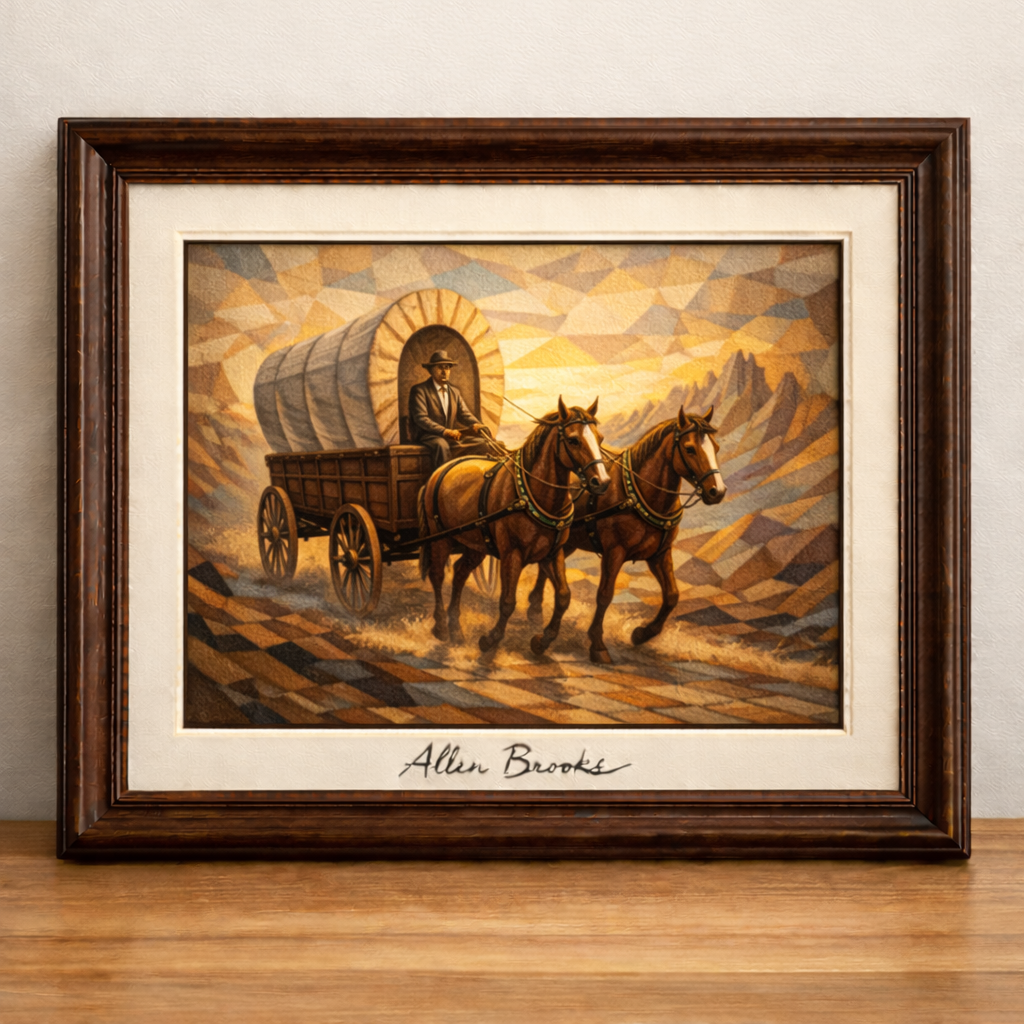 Cubist landscape with horse-drawn wagon