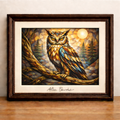 Cubist owl perched in glowing forest