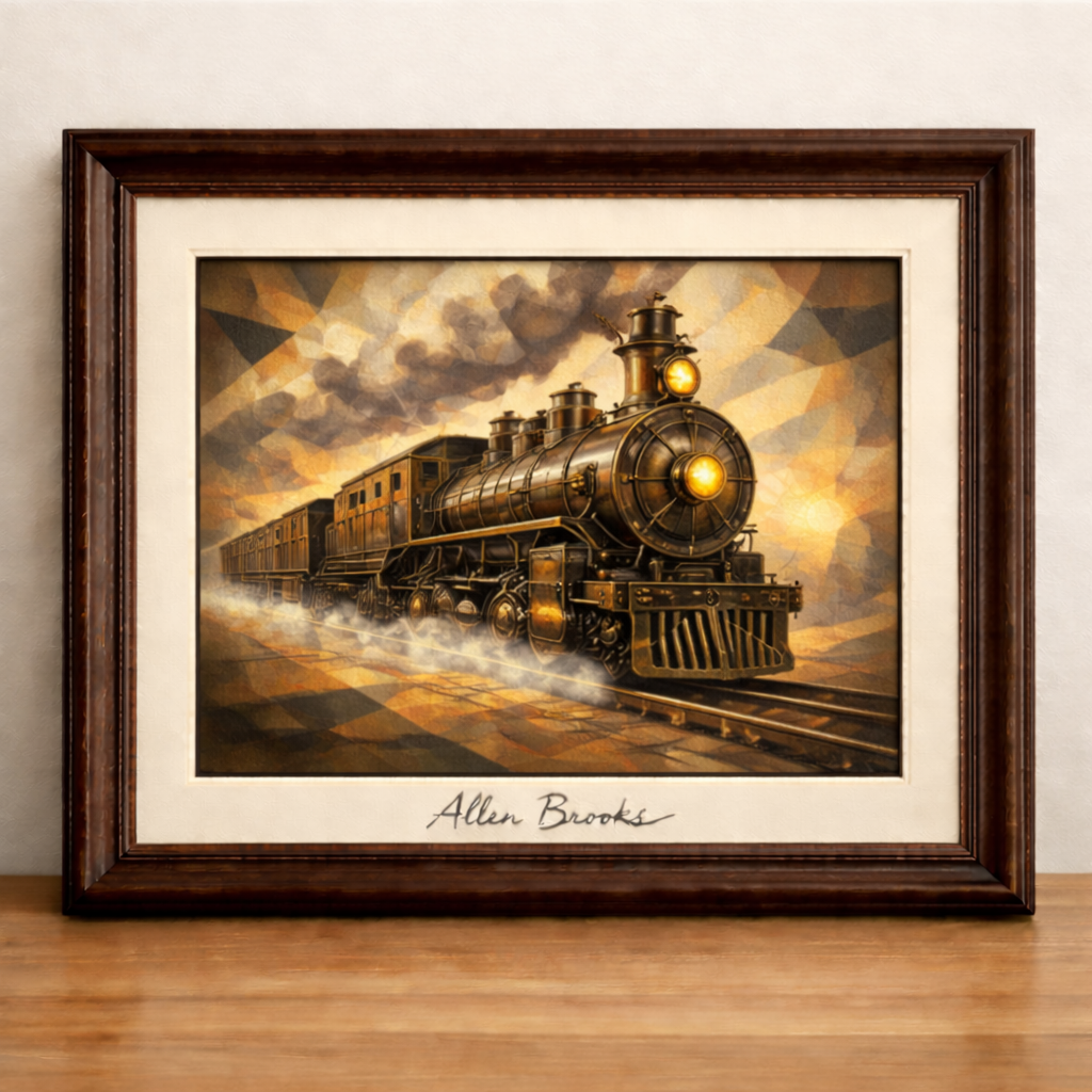 Cubist steam locomotive in oil painting