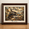 Cubist steam locomotive on railroad tracks
