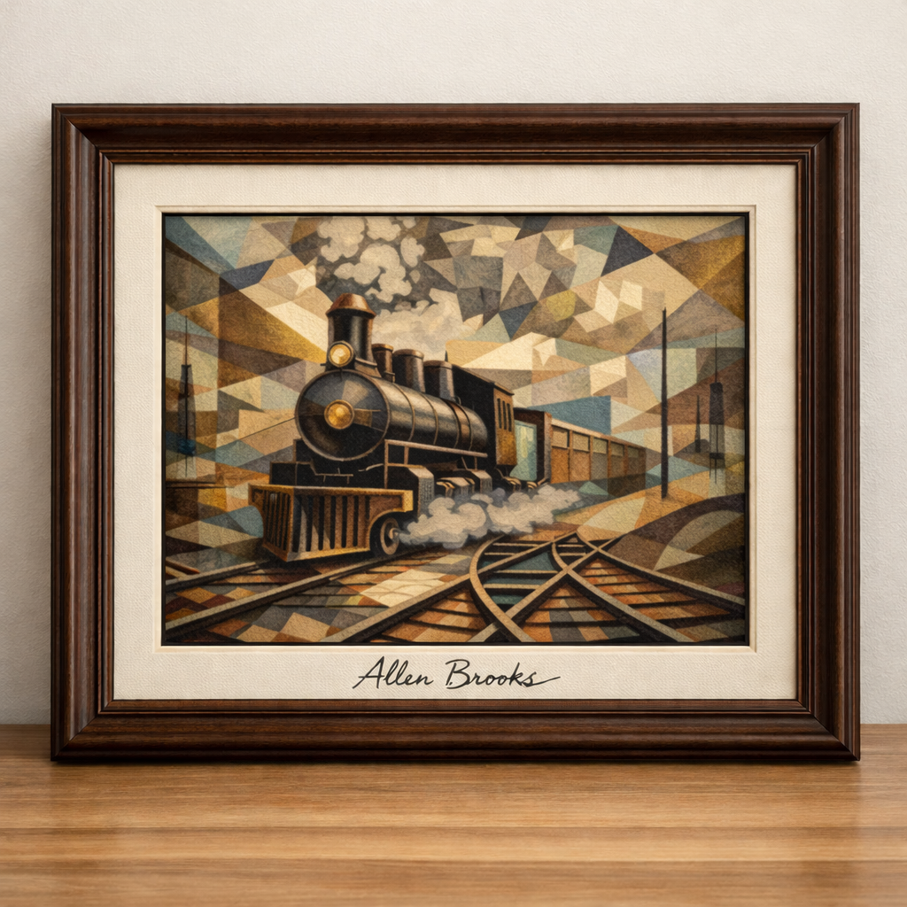 Cubist steam locomotive on railroad tracks