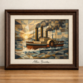 Cubist steamship on abstract waves
