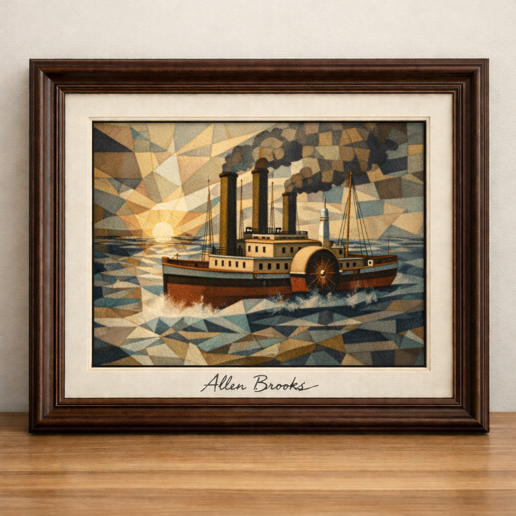 Cubist steamship on abstract waves