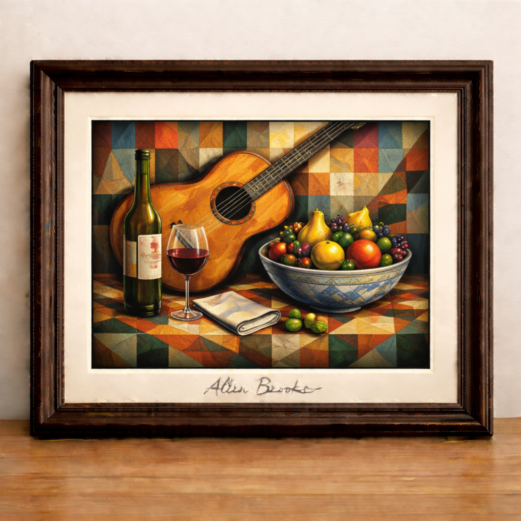 Cubist still life with guitar and fruit
